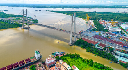 Drone view of Phu My bridge in Ho Chi Minh city, Vietnam. This is the largest Bridge and an important part of the infrastructure of modern Ho Chi Minh City