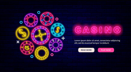 Casino chips neon flyer. Landing page. WEbsite t emplate. Circle layout with counters. Vector stock illustration