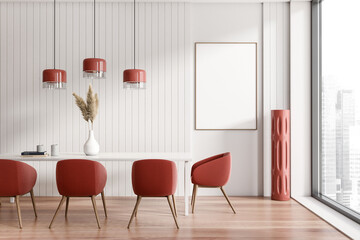 Dining room interior with table and chairs, red and white design