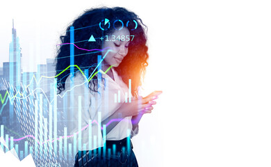 African businesswoman with phone in hands, data storage. Copy space