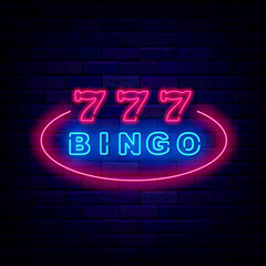 Fototapeta na wymiar Bingo neon emblem. Jackpot seven numbers neon sign in ellipse frame. Winner concept. Vector stock illustration