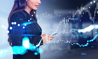 Businesswoman with phone in hands, stock market hologram chart