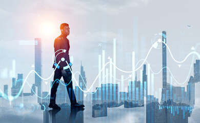 Black businessman walking, forex lines and New York cityscape
