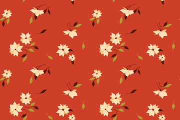 Vintage ditsy print with small flowers on a red field. Seamless pattern, romantic botanical background with tiny decorative plants, flowers, leaves in liberty floral composition. Vector illustration.