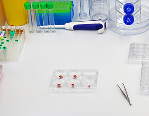 A multi-well plate with pieces of raw cultured meat in the biotechnology laboratory. Synthetic or lab-grown meat production concept