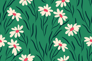 Seamless pattern with daisies on a green field. Cute floral print, modern botanical background design with hand drawn plants, flowers, leaves. Vector illustration.