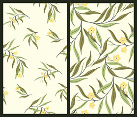 Botany seamless pattern set. A collection of floral patterns with graceful branches, small flowers, large leaves on a light field. Trendy botanical background in natural colors. Vector illustration.