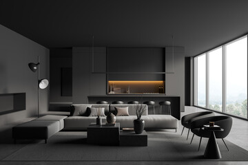 Modern kitchen interior with couch and table with bar chairs, panoramic window