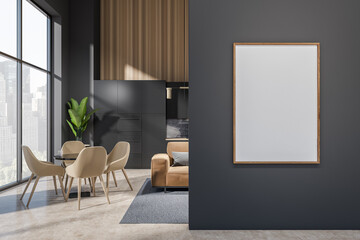 Kitchen interior with sofa and cooking space, panoramic window. Mock up