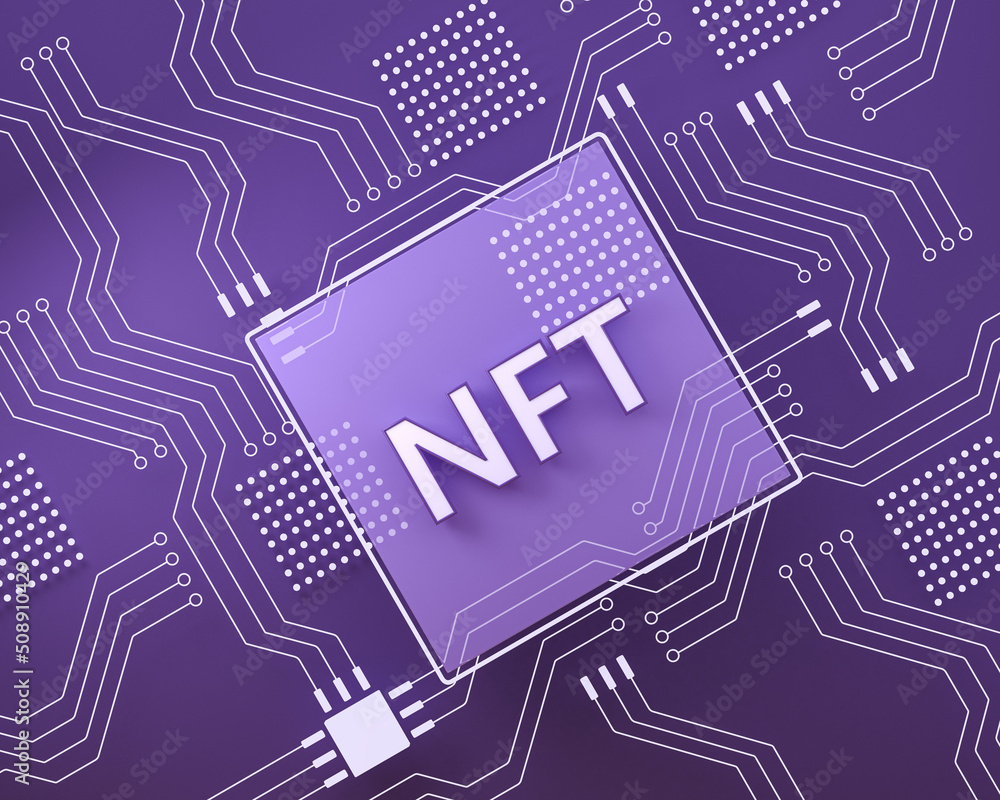 Poster nft and microchip with circuit, purple background