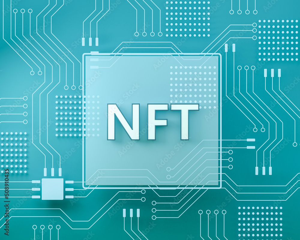 Poster nft and microchip with circuit, green background