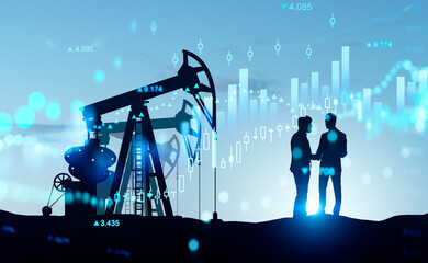 Drilling rig and two people communicate, stock market chart with