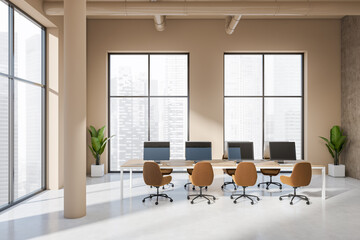 Office interior with pc computer, desk and panoramic window on city view