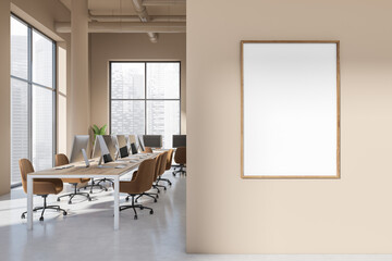 Office workplace interior with pc computer, panoramic window. Mockup frame