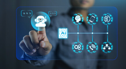 Businessman hand touch digital chatbot an assistant conversation for to access to data growth of business in online network, Robot application and global connection, AI, Artificial intelligence.