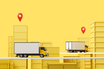 Truck moving with location pin, shipping. Mockup copy space - obrazy, fototapety, plakaty
