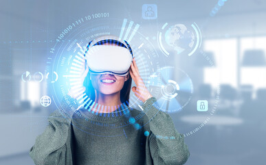 Woman in vr glasses, digital data and facial scanner, icons hologram