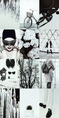 Set of trendy aesthetic photo collages. Minimalistic images of one top color. Fashion white moodboard