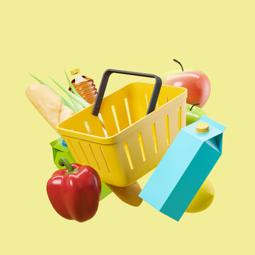 Shopping basket and products, light yellow background