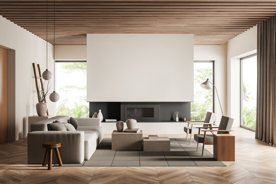 Light chill room interior with seats, fireplace near panoramic window. Mockup