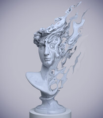 Abstract concept illustration from 3D rendering of marble male classical bust on pedestal gradually disintegrating in grey flames and  isolated on background.