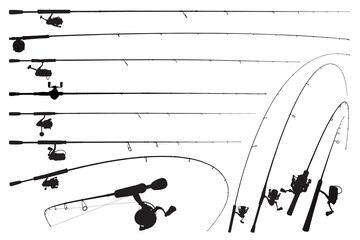 Fishing rod vector silhouette. Spinning rods illustration - obrazy, fototapety, plakaty