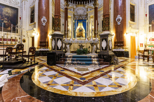 Valletta, Malta - November 27 2021: Interior view of the famous Basilica of Our Lady of Mount Carmel in Valletta medieval old town that dates back to 1570.