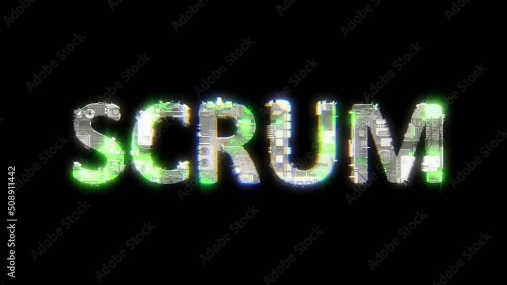 Poster cybernetical text scrum with chromatic aberrations and glitch effects, isolated