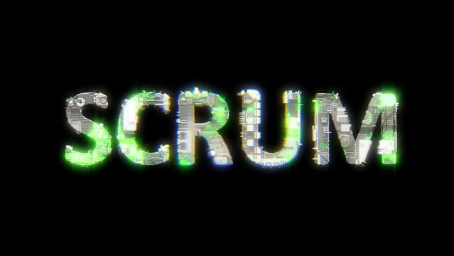 cybernetical text SCRUM with chromatic aberrations and glitch effects, isolated
