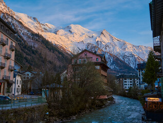 Chamonix-Mont-Blanc town at sunset, France