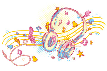 Music design - colorful drawn headphones and notes