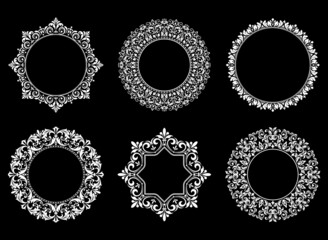 Set of decorative frames Elegant vector element for design in Eastern style, place for text. Floral black and white borders. Lace illustration for invitations and greeting cards.