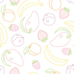 Outline fruits and berry background. Healthy food seamless pattern. Vector illustration of plum, mango, strawberry, raspberry, apricots and bananas.