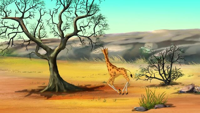 African giraffes in the savanna on a sunny day animation