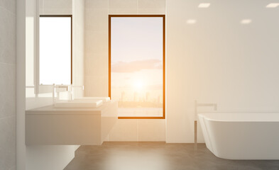 Naklejka na ściany i meble Abstract toilet and bathroom interior for background. 3D rendering.. Sunset.