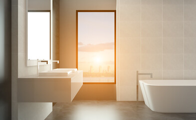 Bathroom interior bathtub. 3D rendering.. Sunset.