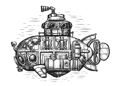recommend clip art: Vintage submarine in sea drawn in engraving style. Hand drawn retro deep-sea bathyscaphe sketch. Vector illustration