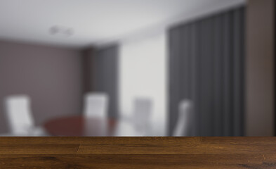 Modern office building interior. 3D rendering.. Background with empty wooden table. Flooring.