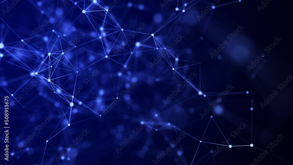 Poster Abstract geometric background with connecting points and lines. Abstract blue digital background. Network concept. Big data complex with compounds. 3D rendering.