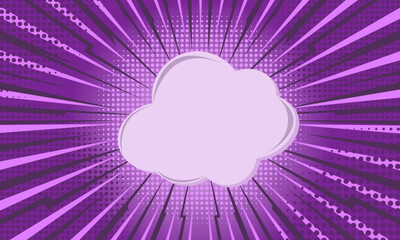 Crash comic cartoon in purple colors with white cloud, halftone effects and rays. Explosion template. Pop-art style background. Vector illustration