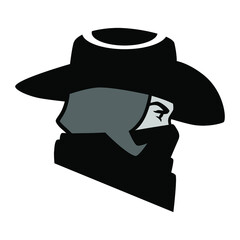 Beautiful masked cowgirl outlaw portrait symbol on white backdrop. Design element