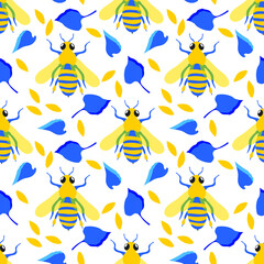 Honey bees. Seamless pattern with cute insects and blue leaves, yellow petals for modern textiles, decorative fabrics. Vector.