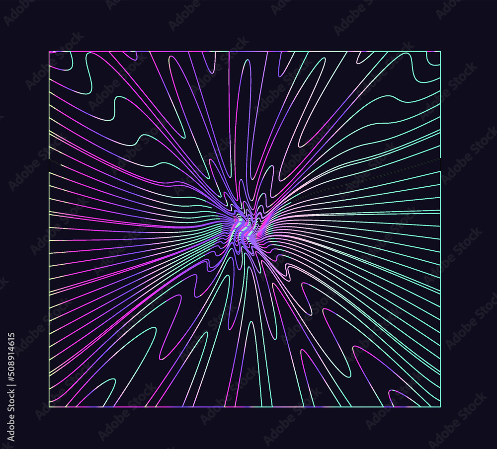Poster abstract geometric background with holographic colorful wavy and glitched lines.