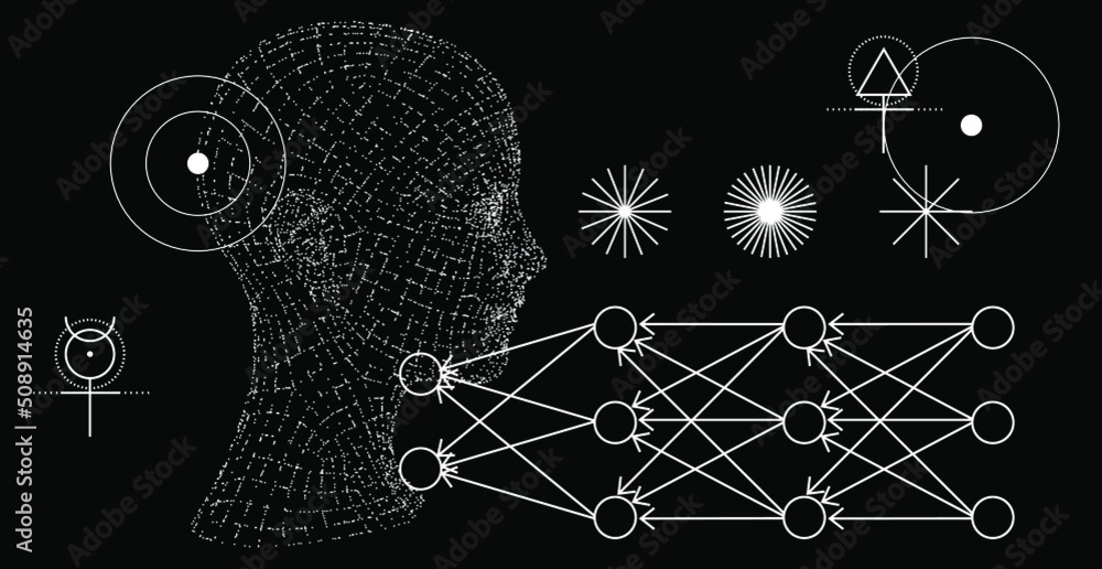 Poster abstract geometric composition with 3d polygonal model of a human head. sci-fi futuristic vector ill