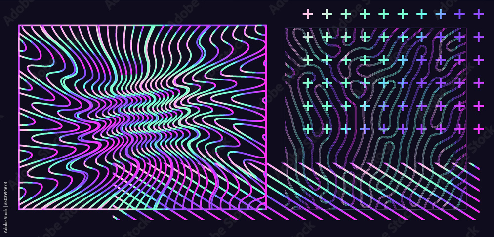 Poster abstract geometric background with holographic colorful wavy and glitched lines.