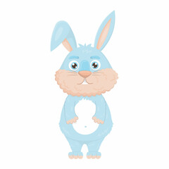 Cute blue hare standing and looking in flat cartoon style