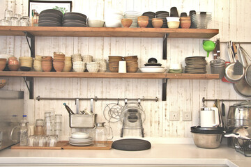 Home Interior of a Trendy Scandinavian Style Kitchen with Open Shelves
