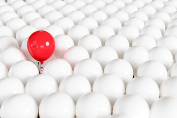 Outstanding Red Color balloon floating among White color balloon background. 3D Render. Selective focus.