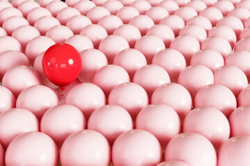 Outstanding Red Color balloon floating among Pink color balloon background. 3D Render. Selective focus.