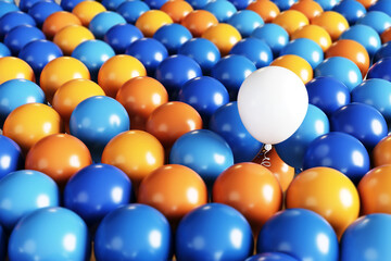 Outstanding White Color balloon floating among blue and orange color balloon background. 3D Render. Selective focus.